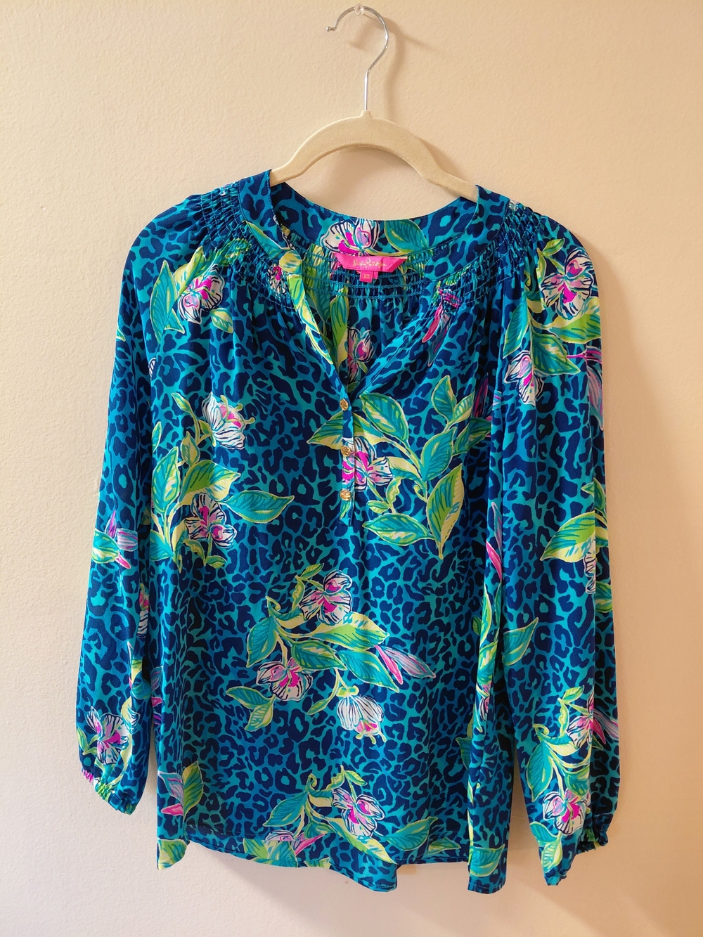 Lilly Pulitzer Teal Floral & Leopard Print Long-Sleeve Blouse